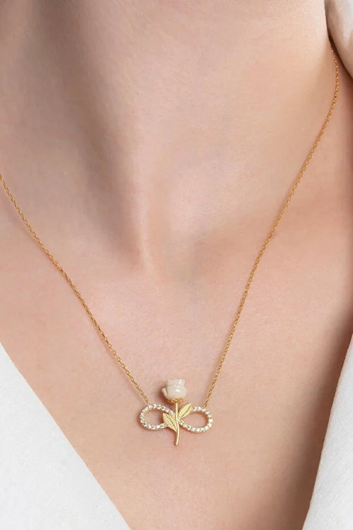 925 Sterling Silver Gold Plated White Rose Infinity Necklace Zircon