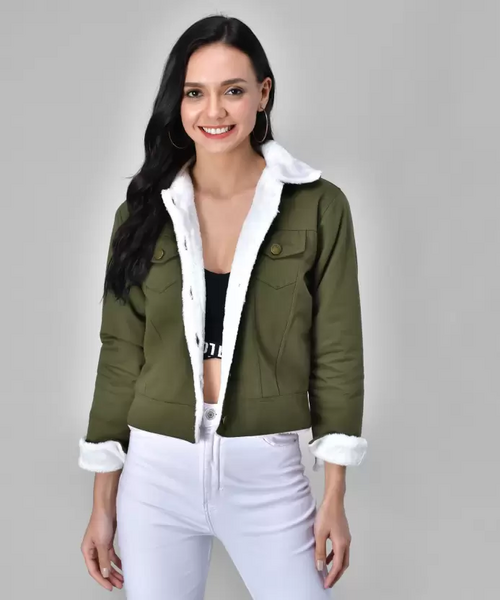 Women Solid Light Weight Casual Short Jacket (Color Green) (Size L)